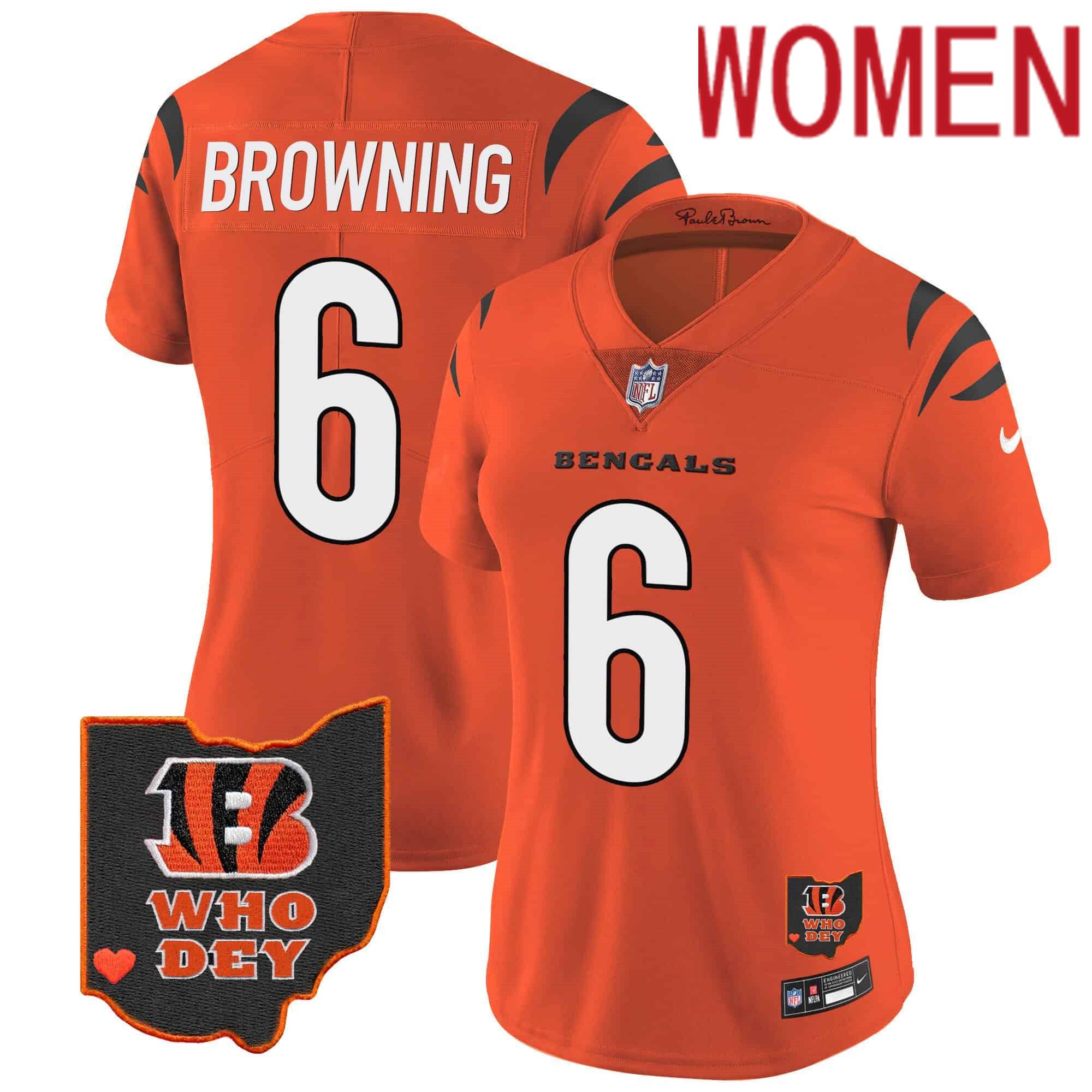 Women Cincinnati Bengals #6 Browning Orange 2024 Nike Patch Vapor Limited NFL Jersey->women nfl jersey->Women Jersey